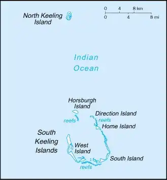 Cocos (Keeling) Islands Map graphic showing major cities and names of neighboring countries
