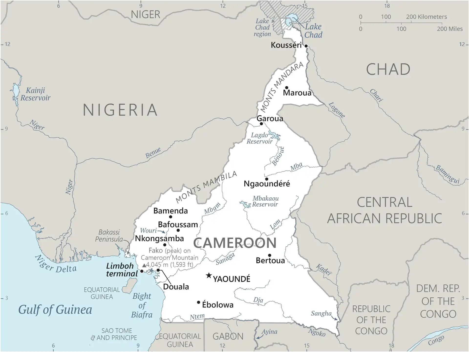 Cameroon Map graphic showing major cities and names of neighboring countries