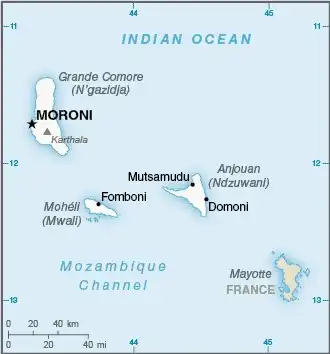 Comoros Map graphic showing major cities and names of neighboring countries