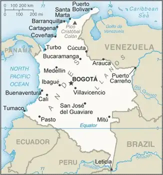 Colombia Map graphic showing major cities and names of neighboring countries