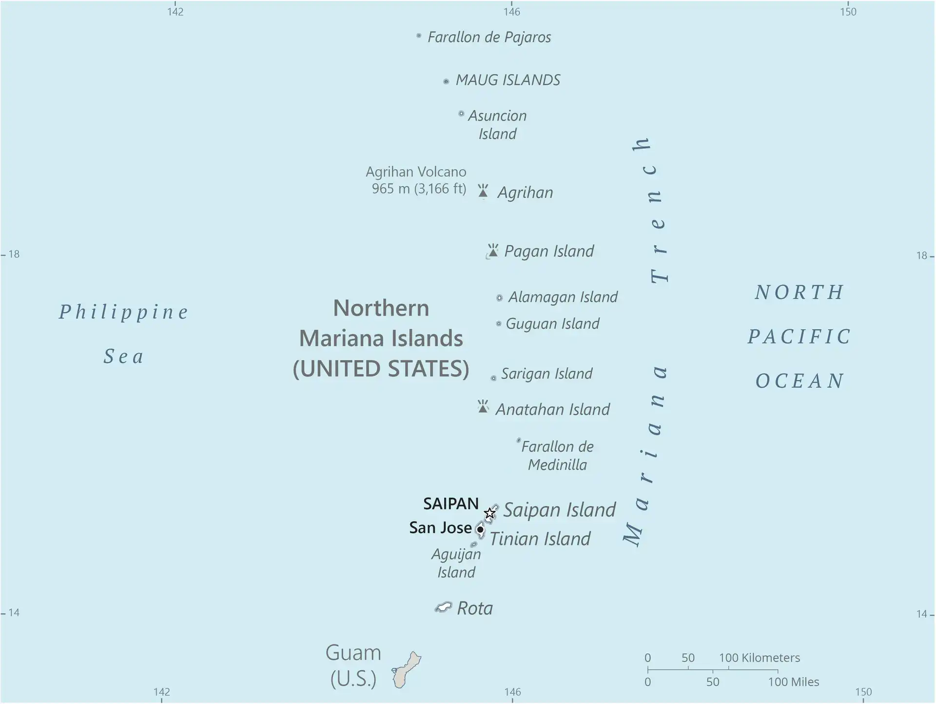 Northern Mariana Islands Map graphic showing major cities and names of neighboring countries