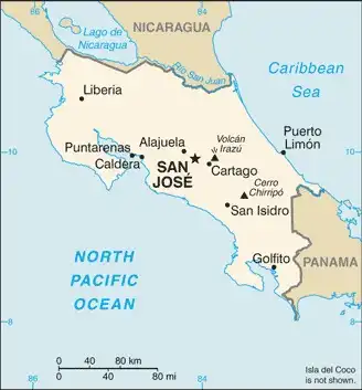 Costa Rica Map graphic showing major cities and names of neighboring countries