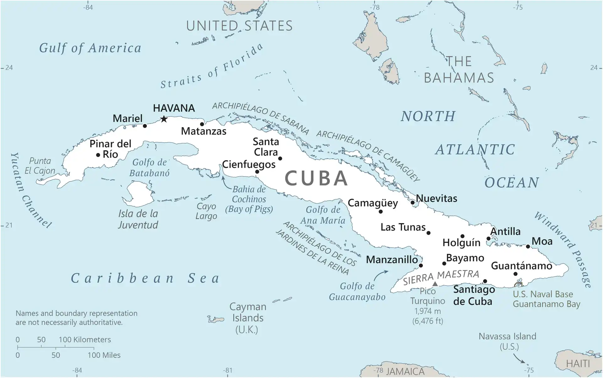 Cuba Map graphic showing major cities and names of neighboring countries