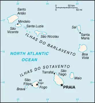 Cabo Verde Map graphic showing major cities and names of neighboring countries