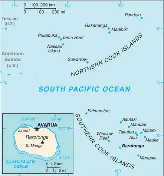 Cook Islands Map graphic showing major cities and names of neighboring countries