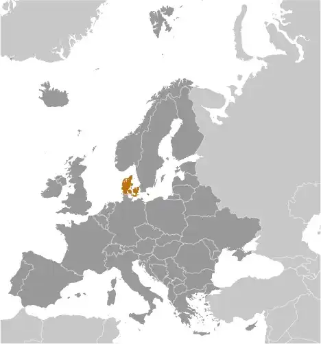 Locator Map of Denmark showing the country on the continent in color