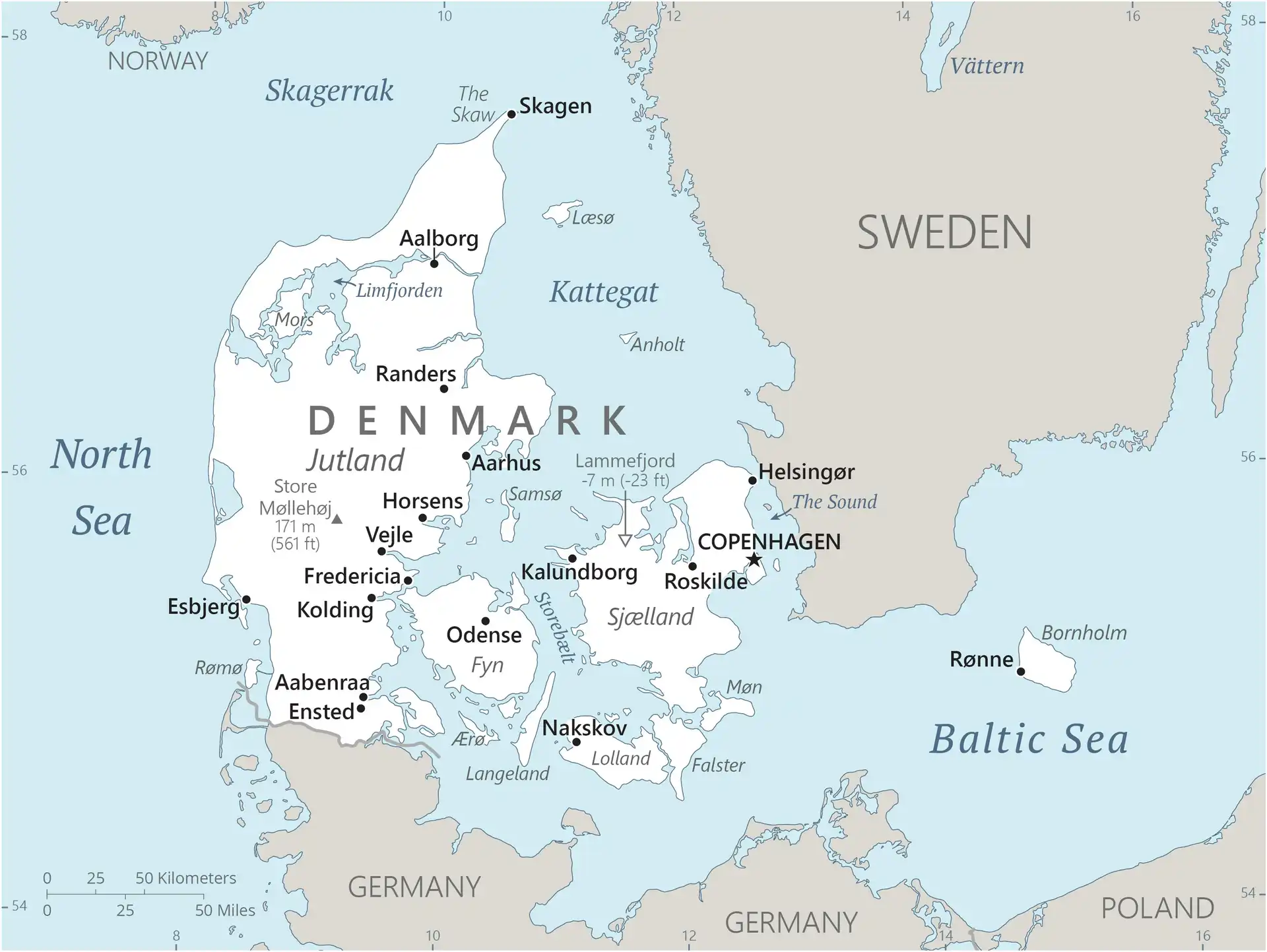 Denmark Map graphic showing major cities and names of neighboring countries