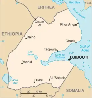 Djibouti Map graphic showing major cities and names of neighboring countries