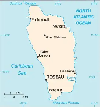 Dominica Map graphic showing major cities and names of neighboring countries