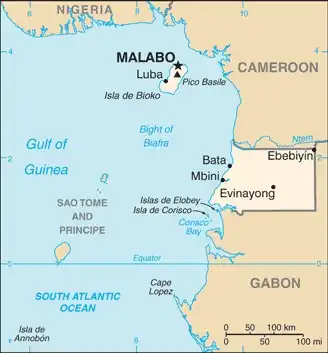 Equatorial Guinea Map graphic showing major cities and names of neighboring countries