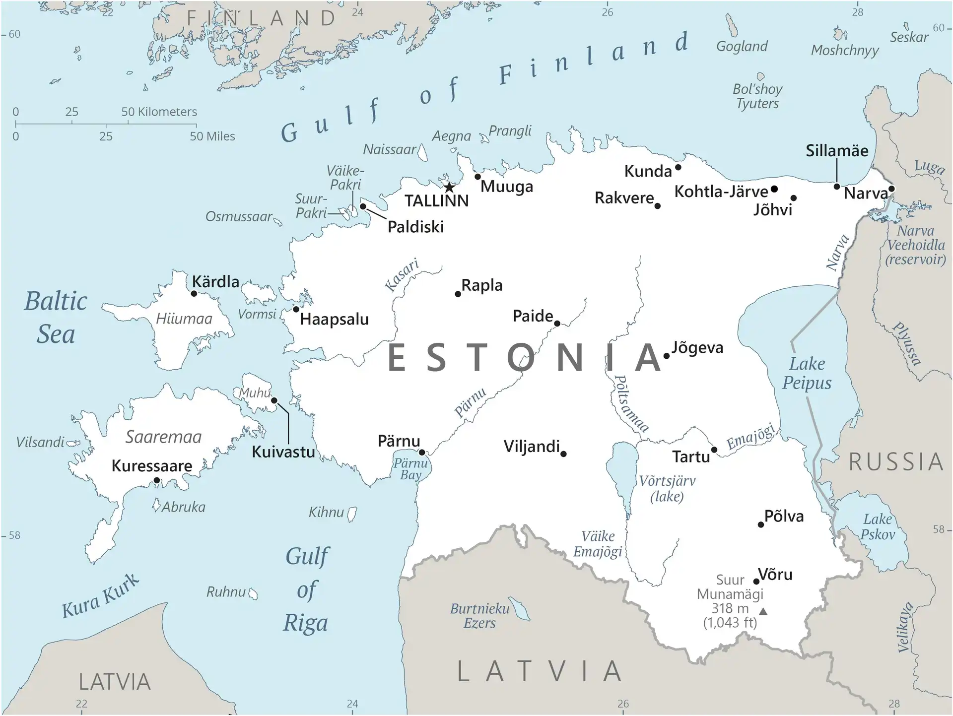 Estonia Map graphic showing major cities and names of neighboring countries