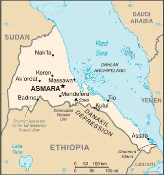 Eritrea Map graphic showing major cities and names of neighboring countries