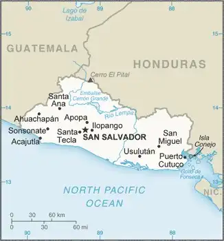 El Salvador Map graphic showing major cities and names of neighboring countries