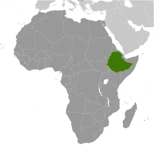 Locator Map of Ethiopia showing the country on the continent in color