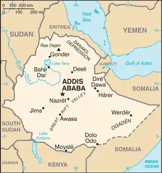 Ethiopia Map graphic showing major cities and names of neighboring countries