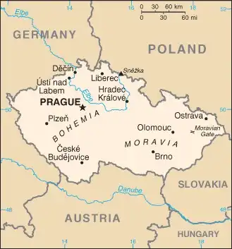 Czechia Map graphic showing major cities and names of neighboring countries