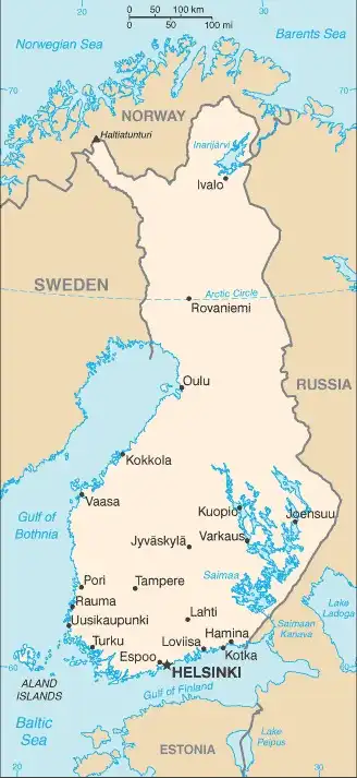 Finland Map graphic showing major cities and names of neighboring countries