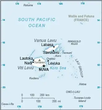Fiji Map graphic showing major cities and names of neighboring countries