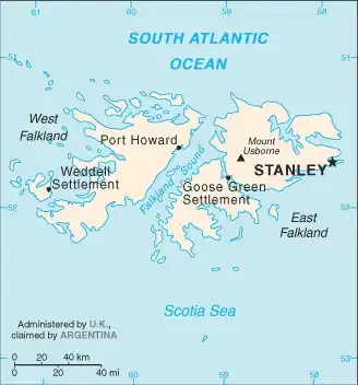 Falkland Islands (Islas Malvinas) Map graphic showing major cities and names of neighboring countries