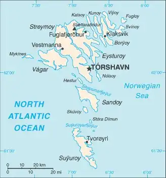 Faroe Islands Map graphic showing major cities and names of neighboring countries