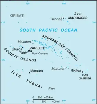 French Polynesia Map graphic showing major cities and names of neighboring countries
