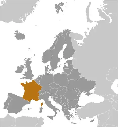 Locator Map of France showing the country on the continent in color