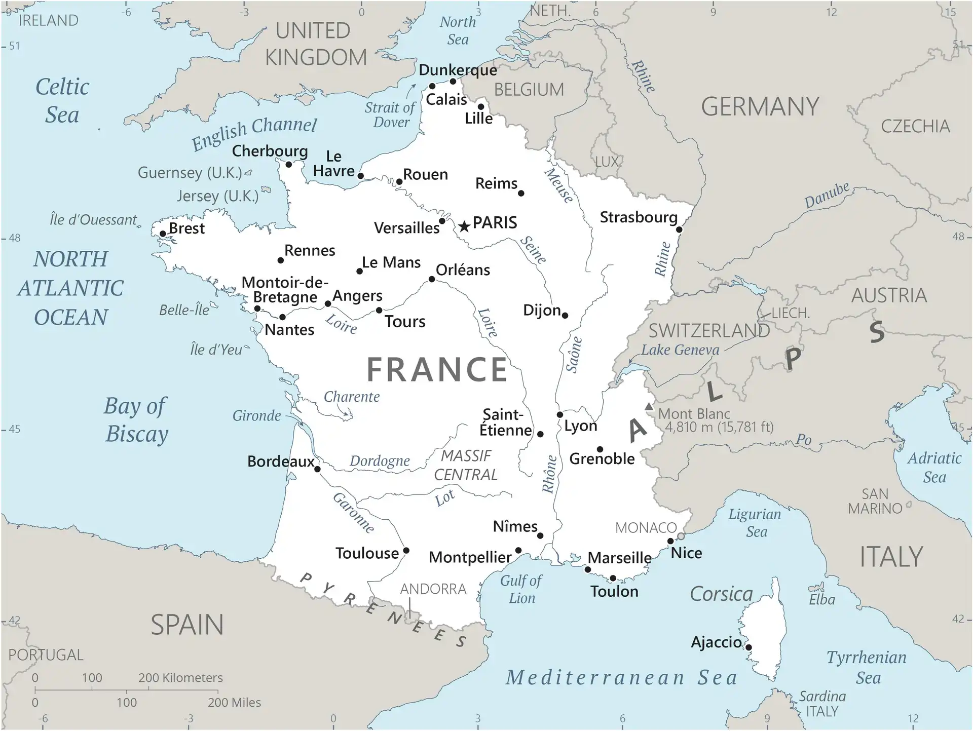 France Map graphic showing major cities and names of neighboring countries