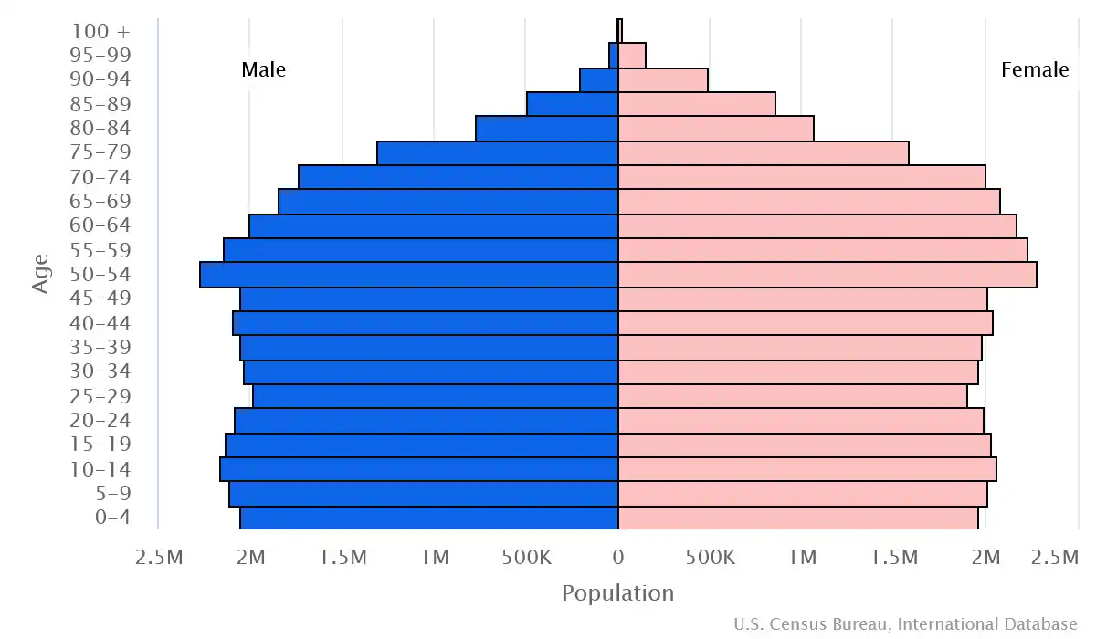 Chart graphic of the age pyramid of France