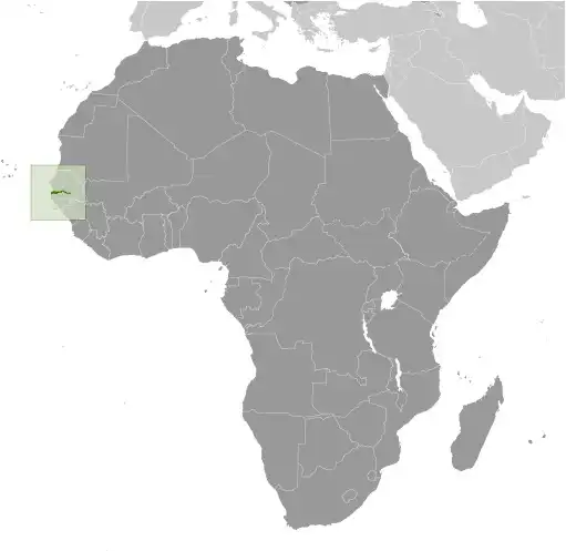 Locator Map of The Gambia showing the country on the continent in color