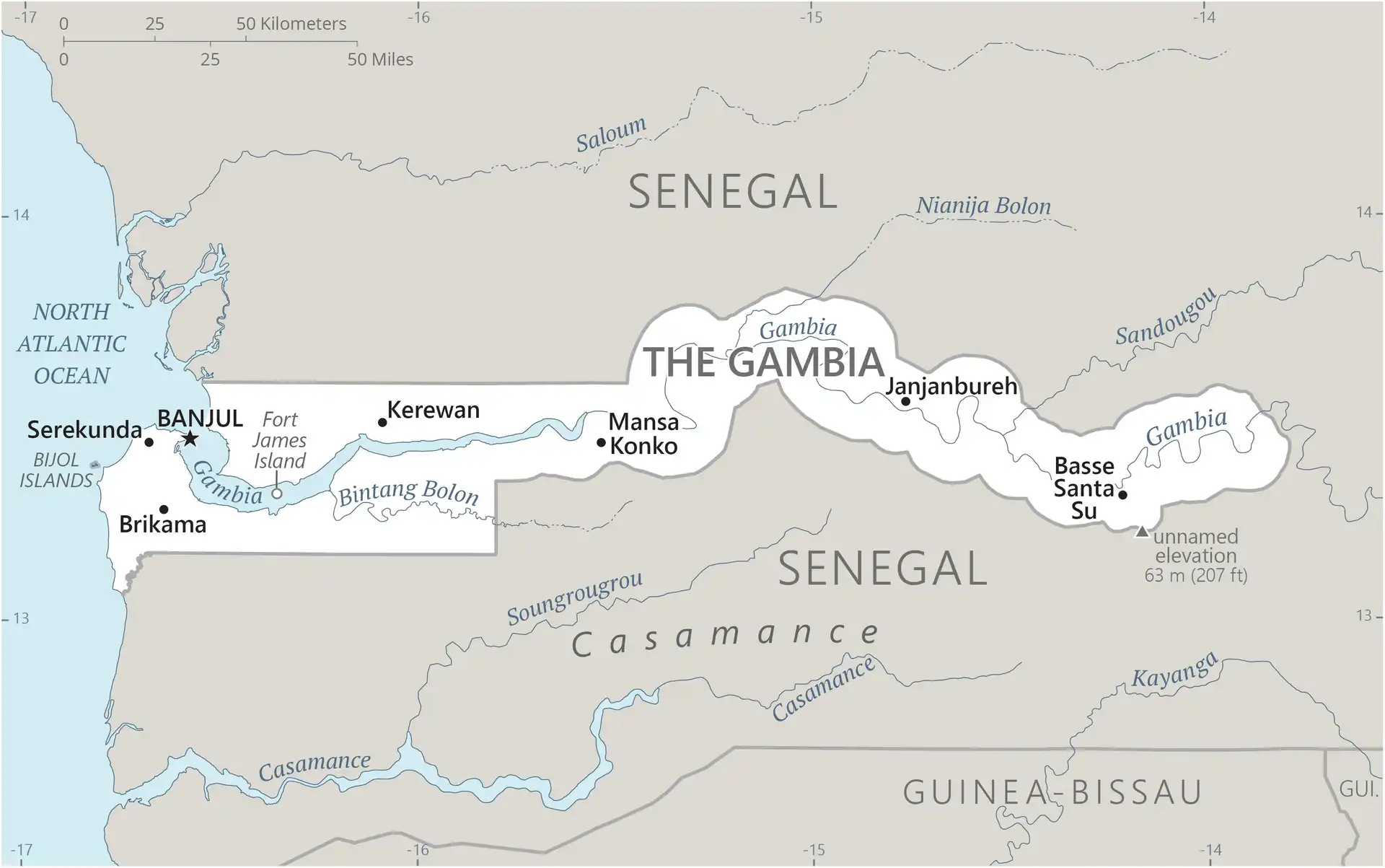 The Gambia Map graphic showing major cities and names of neighboring countries