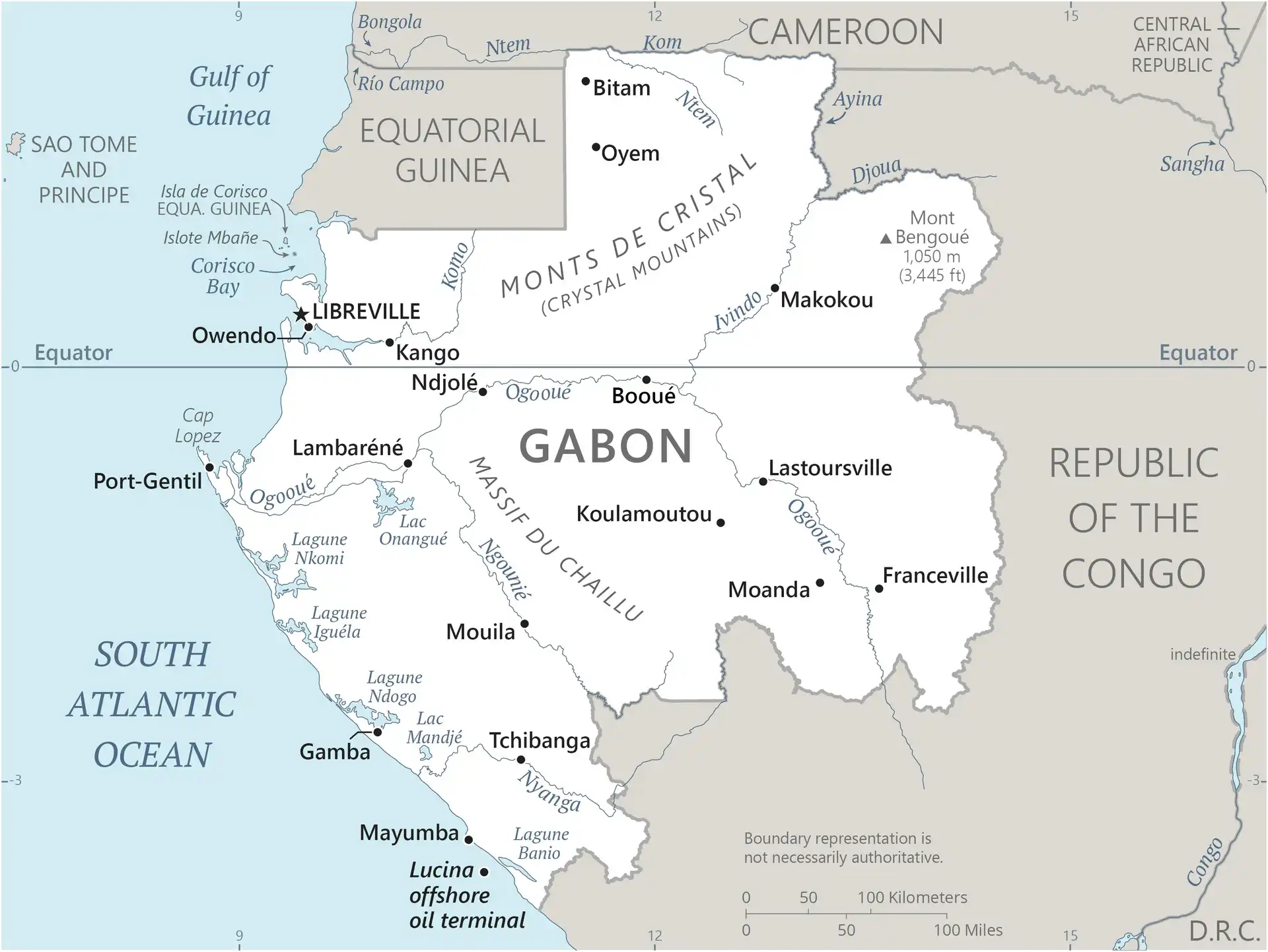Gabon Map graphic showing major cities and names of neighboring countries