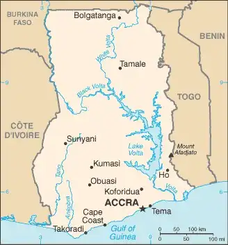 Ghana Map graphic showing major cities and names of neighboring countries