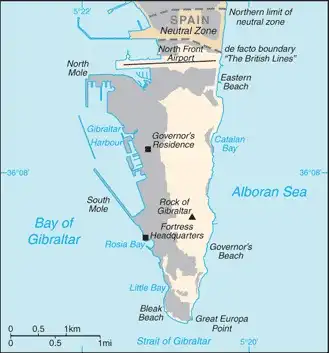 Gibraltar Map graphic showing major cities and names of neighboring countries