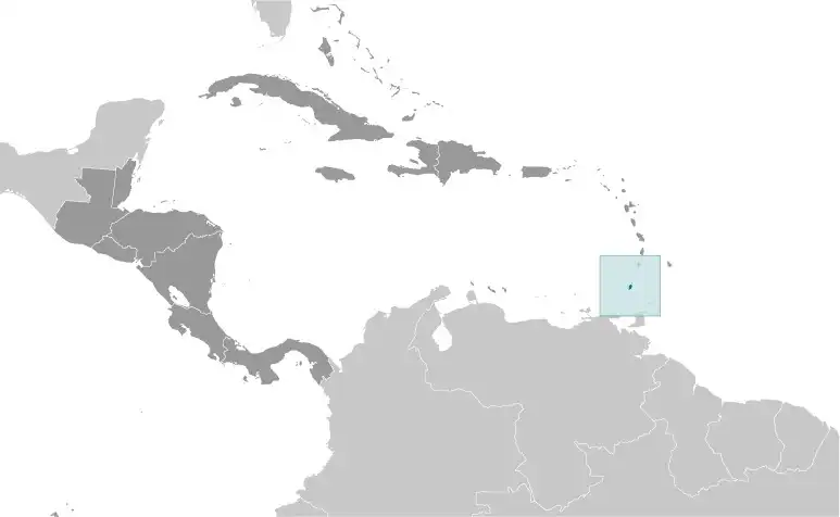 Locator Map of Grenada showing the country on the continent in color
