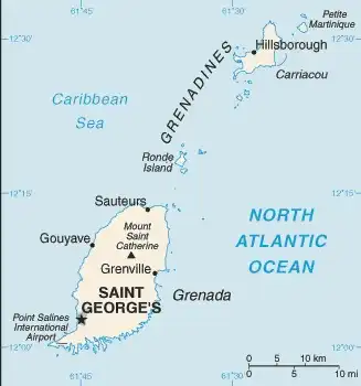 Grenada Map graphic showing major cities and names of neighboring countries