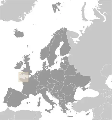 Locator Map of Guernsey showing the country on the continent in color