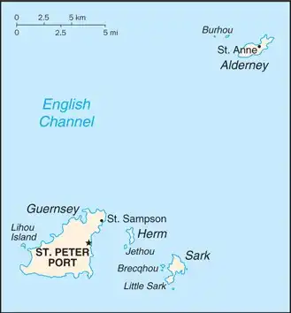 Guernsey Map graphic showing major cities and names of neighboring countries