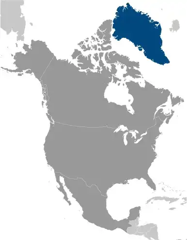 Locator Map of Greenland showing the country on the continent in color