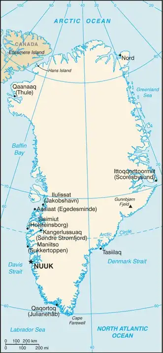 Greenland Map graphic showing major cities and names of neighboring countries