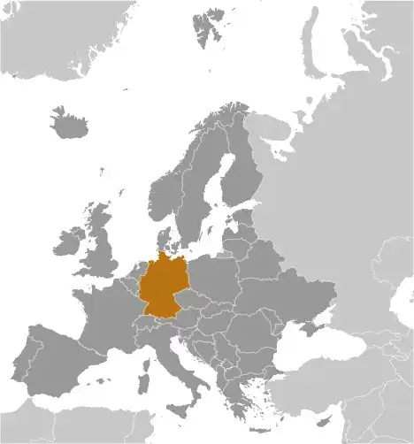 Locator Map of Germany showing the country on the continent in color