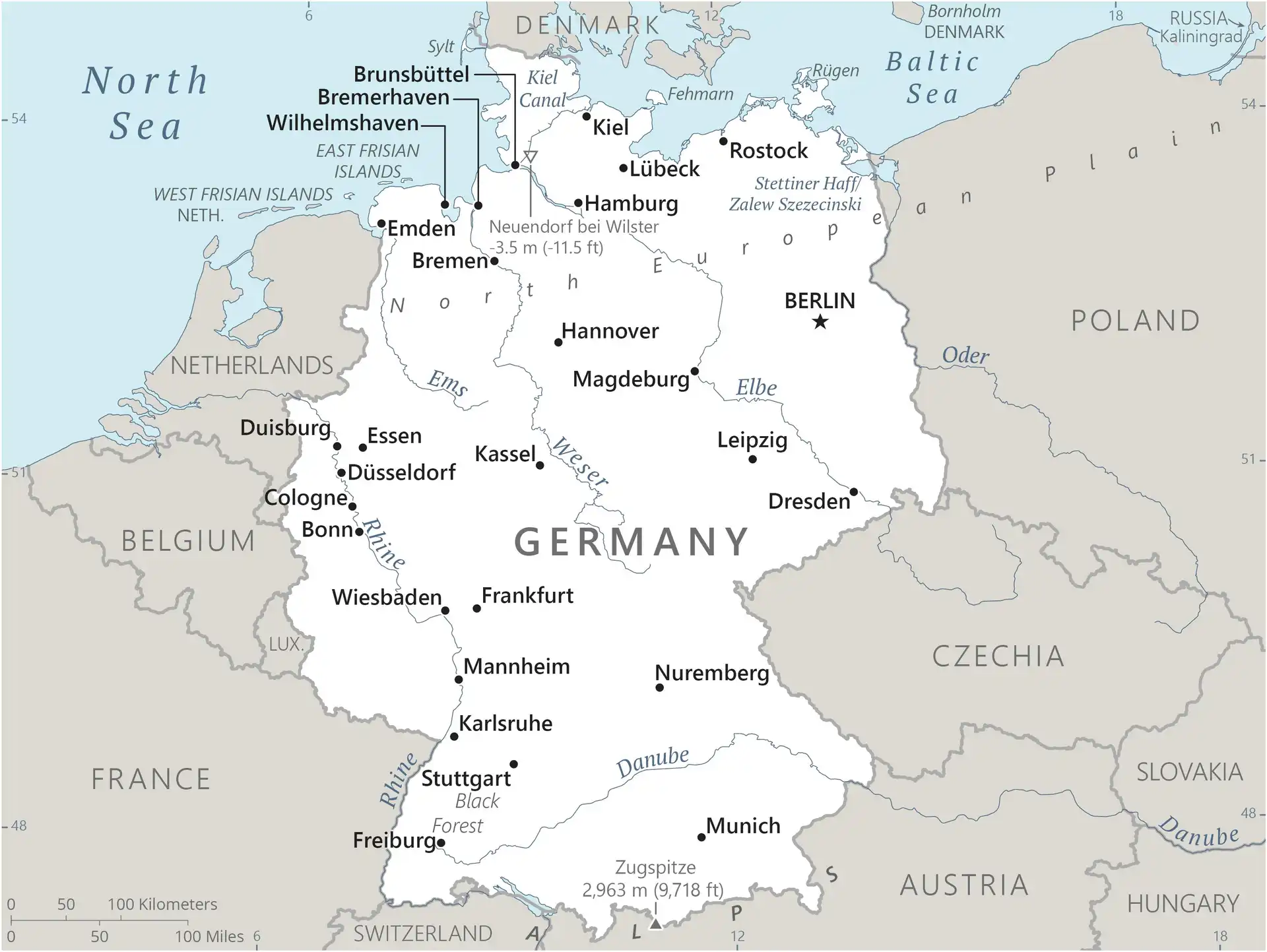 Germany Map graphic showing major cities and names of neighboring countries