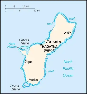 Guam Map graphic showing major cities and names of neighboring countries