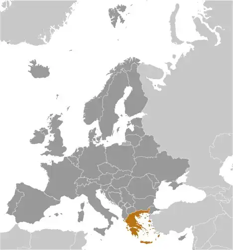 Locator Map of Greece showing the country on the continent in color
