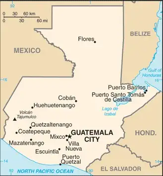 Guatemala Map graphic showing major cities and names of neighboring countries