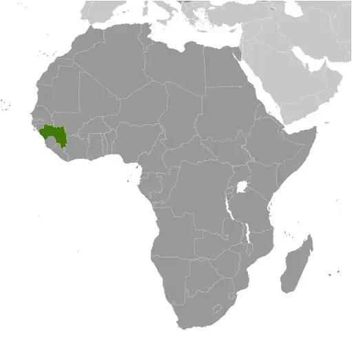 Locator Map of Guinea showing the country on the continent in color