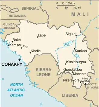 Guinea Map graphic showing major cities and names of neighboring countries