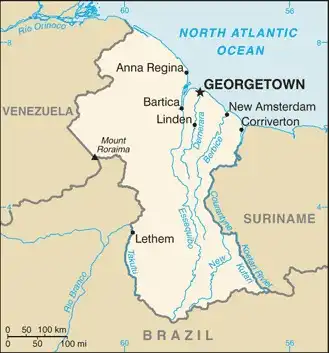 Guyana Map graphic showing major cities and names of neighboring countries