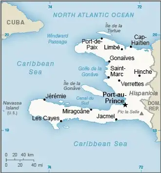 Haiti Map graphic showing major cities and names of neighboring countries