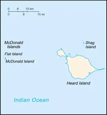 Heard Island and McDonald Islands Map graphic showing major cities and names of neighboring countries