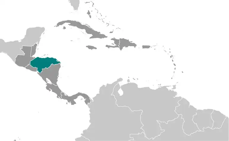 Locator Map of Honduras showing the country on the continent in color